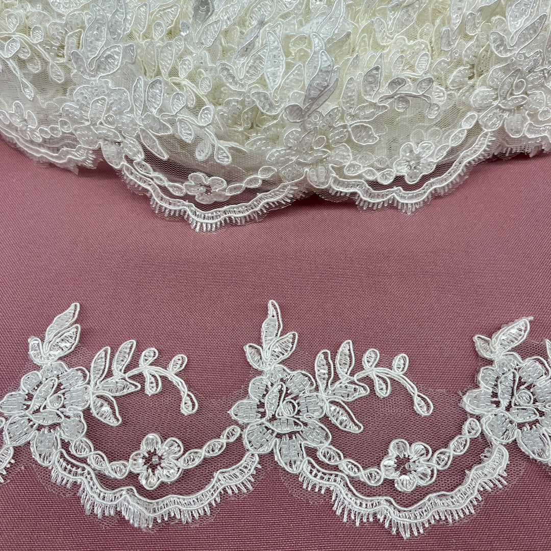 Beaded & Corded Lace Trimming Embroidered on 100% Polyester Net Mesh | Lace USA - 96665W-HB