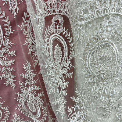 Corded Bridal Lace Fabric Embroidered on 100% Polyester Net Mesh | Lace USA - 97055W