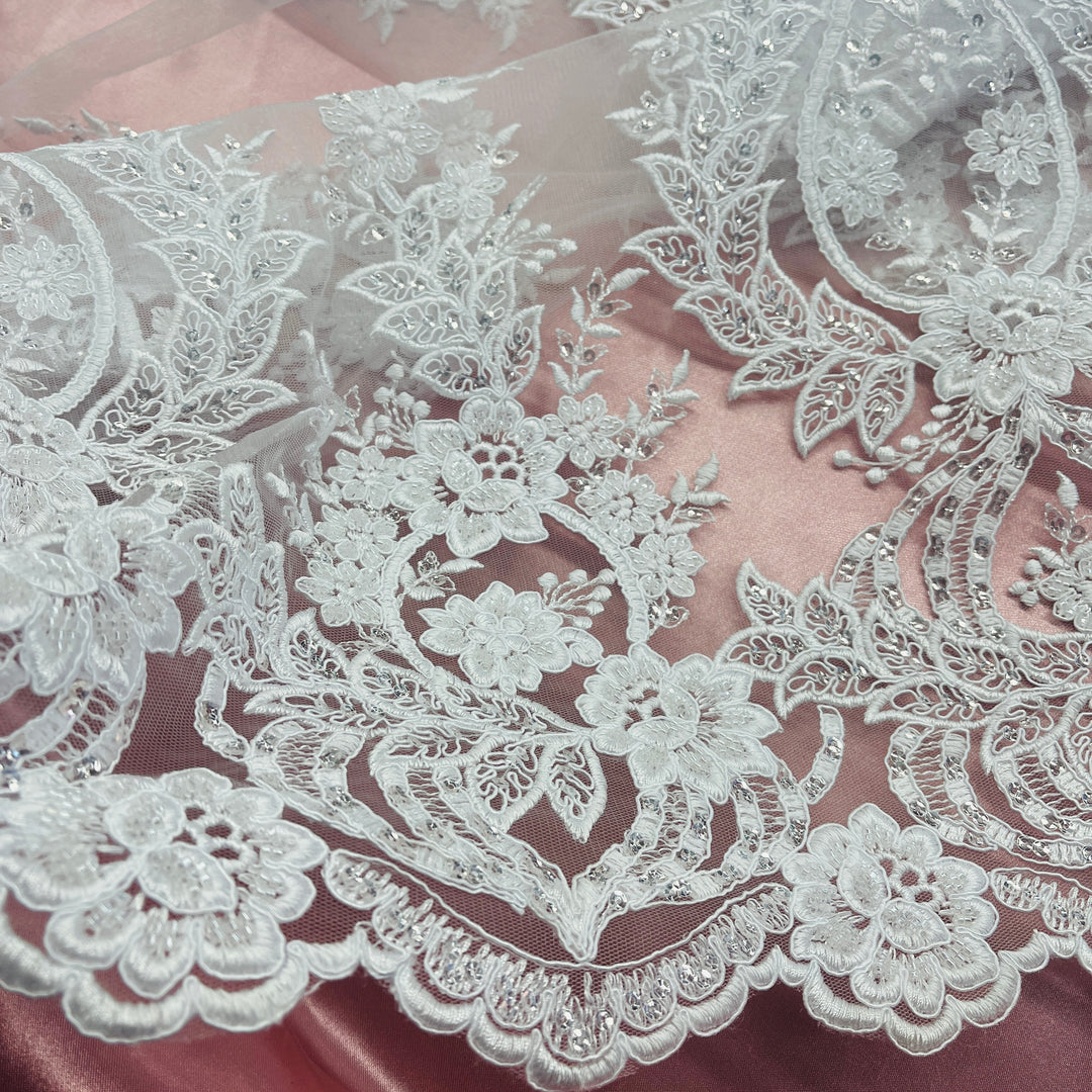 Beaded & Corded Bridal Lace Fabric Embroidered on 100% Polyester Net Mesh | Lace USA - GD-55619