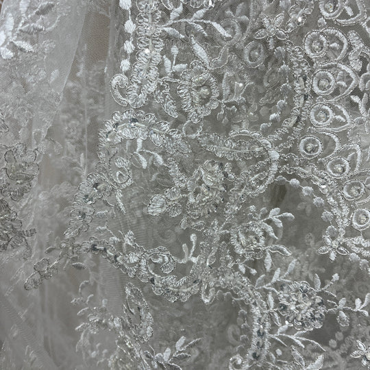 Beaded & Corded Bridal Lace Fabric Embroidered on 100% Polyester Net Mesh | Lace USA - 96806W-BPB