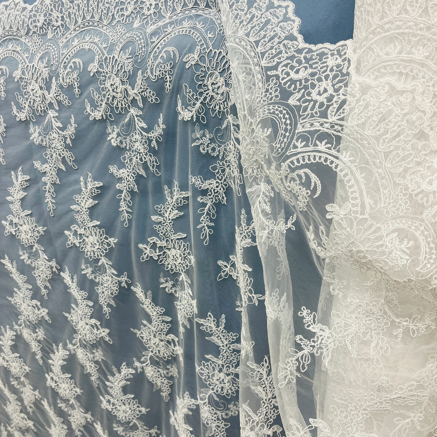 Corded Bridal Lace Fabric Embroidered on 100% Polyester Net Mesh | Lace USA - 96979W