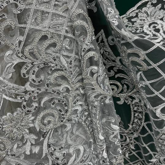 Beaded & Corded Bridal Lace Fabric Embroidered on 100% Polyester Net Mesh | Lace USA - GD-55221