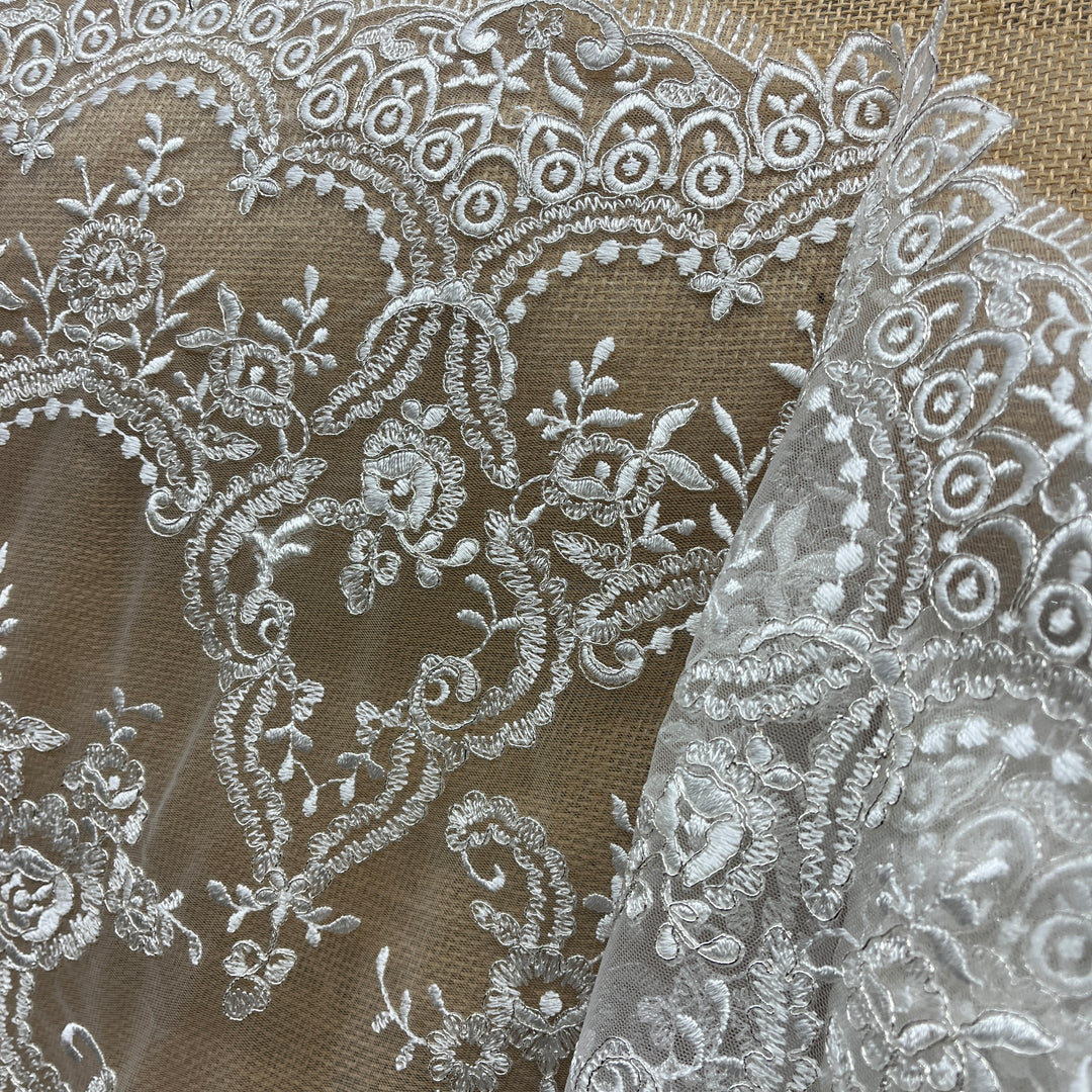 Corded Bridal Lace Fabric Embroidered on 100% Polyester Net Mesh | Lace USA -96806W