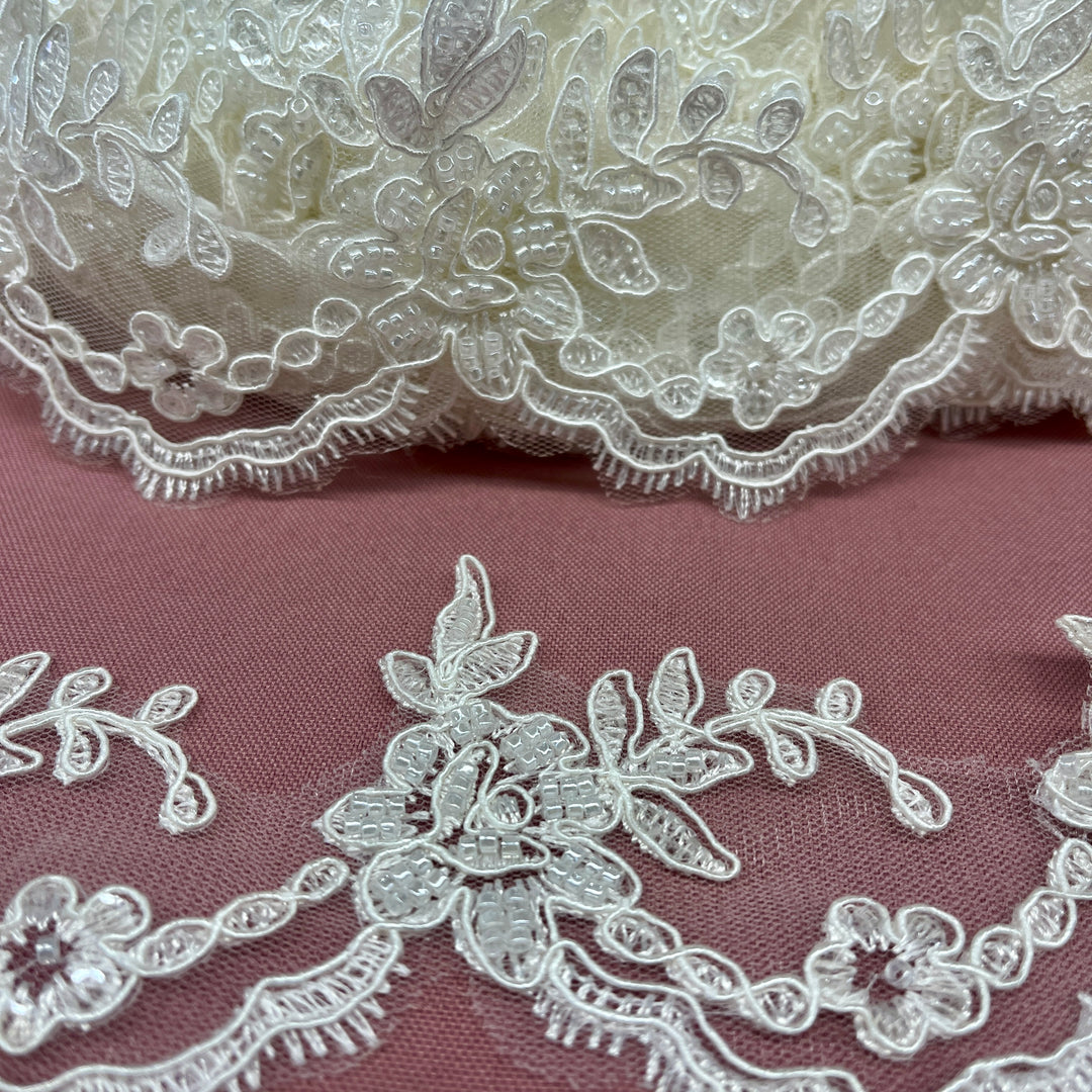 Beaded & Corded Lace Trimming Embroidered on 100% Polyester Net Mesh | Lace USA - 96665W-HB