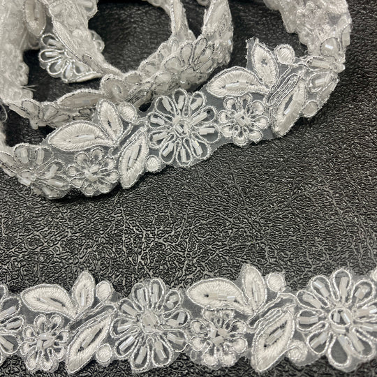 Beaded & Corded Lace Trimming Embroidered on 100% Polyester Organza | Lace USA - 95676N-BP