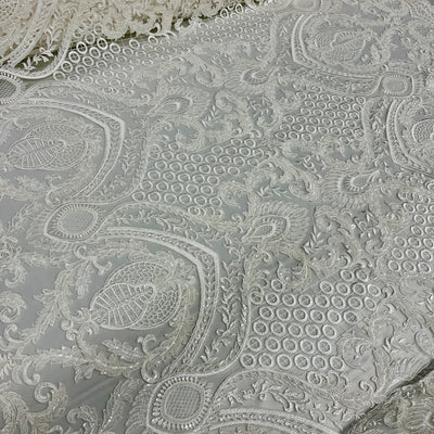 Beaded & Corded Bridal Lace Fabric Embroidered on 100% Polyester Net Mesh | Lace USA - GD-56127