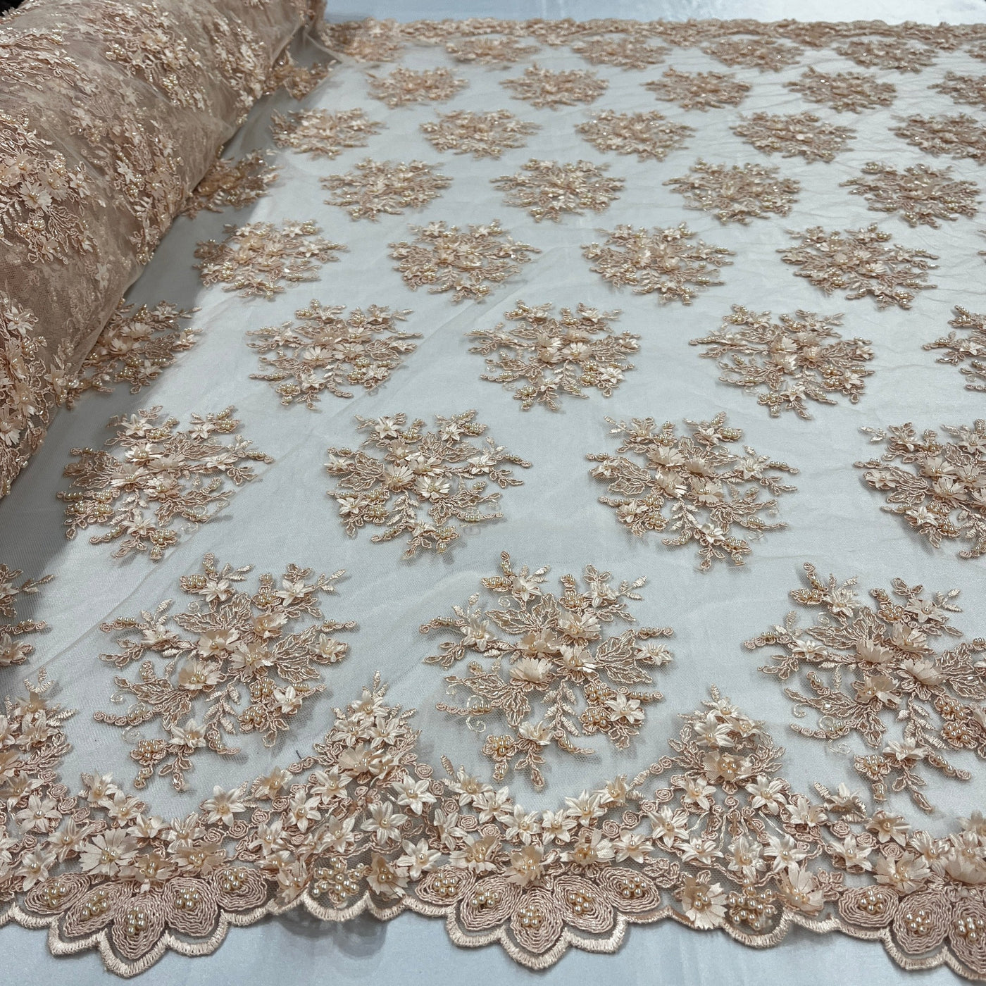 Beaded 3D Floral Lace Fabric Embroidered on 100% Polyester Net Mesh | Lace USA - GD-361