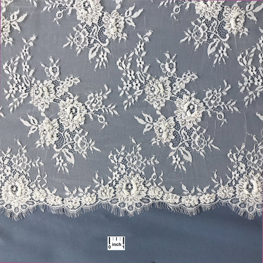 Beaded Chantilly Embroidered Lace Fabric with Eyelash Scallop - 3 Yards | Lace USA - 68139W-BP