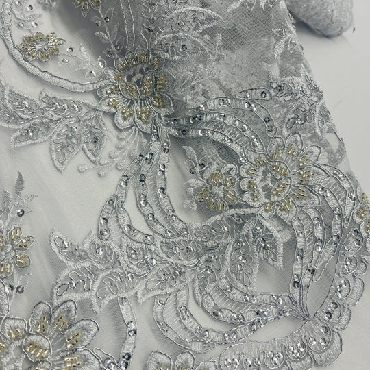 Beaded & Corded Bridal Lace Fabric Embroidered on 100% Polyester Net Mesh | Lace USA - GD-55619