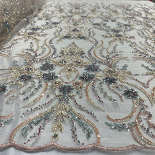 Beaded Lace Fabric Embroidered on 100% Polyester Net Mesh | Lace USA - GD-26227