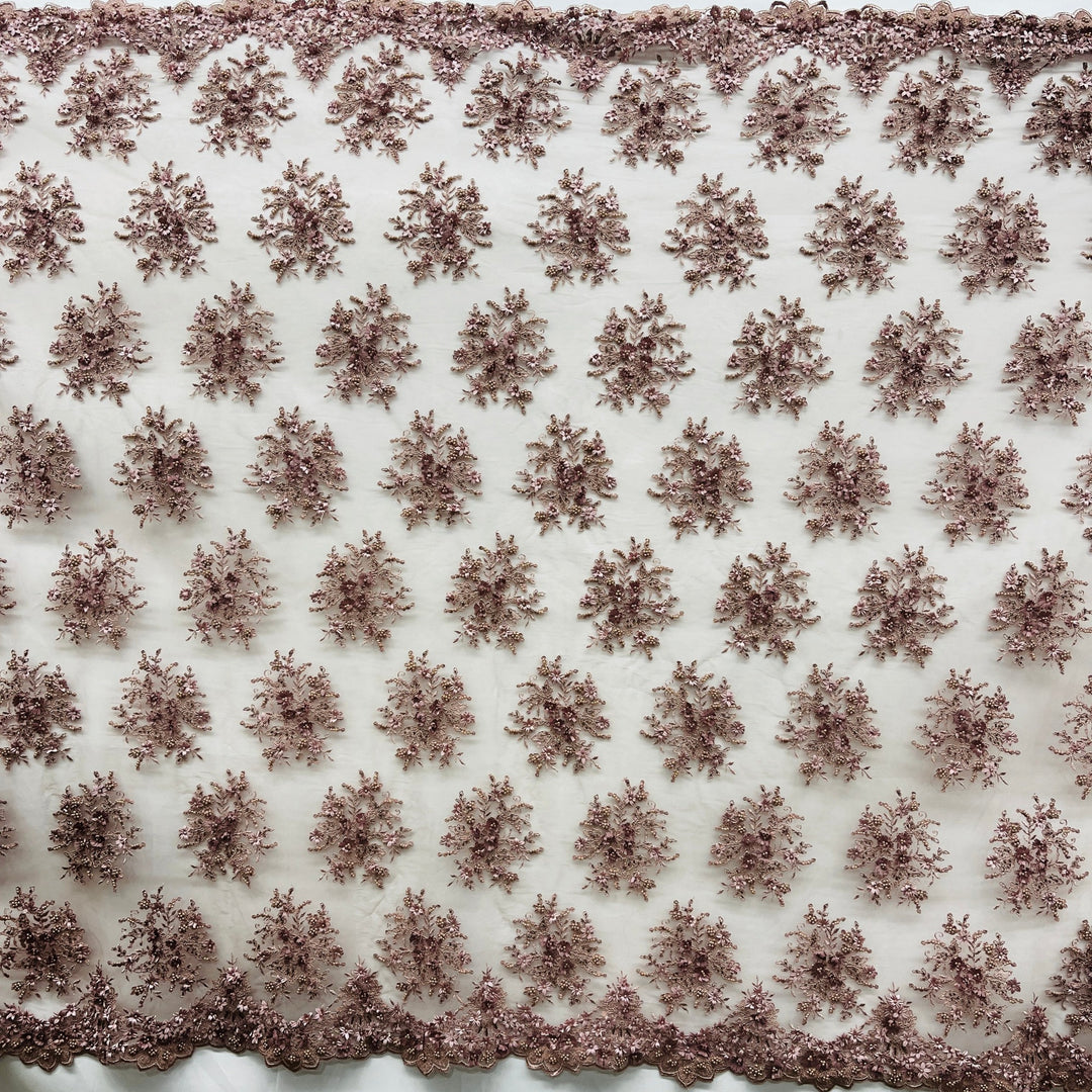 Beaded 3D Floral Lace Fabric Embroidered on 100% Polyester Net Mesh | Lace USA - GD-361