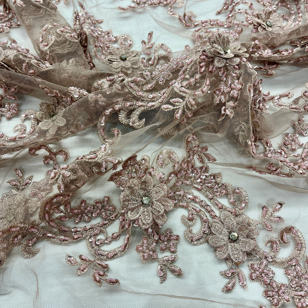 Beaded 3D Floral Lace Fabric Embroidered on 100% Polyester Net Mesh | Lace USA - GD-2302