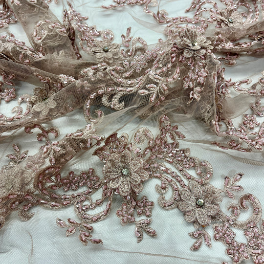 Beaded 3D Floral Lace Fabric Embroidered on 100% Polyester Net Mesh | Lace USA - GD-2302