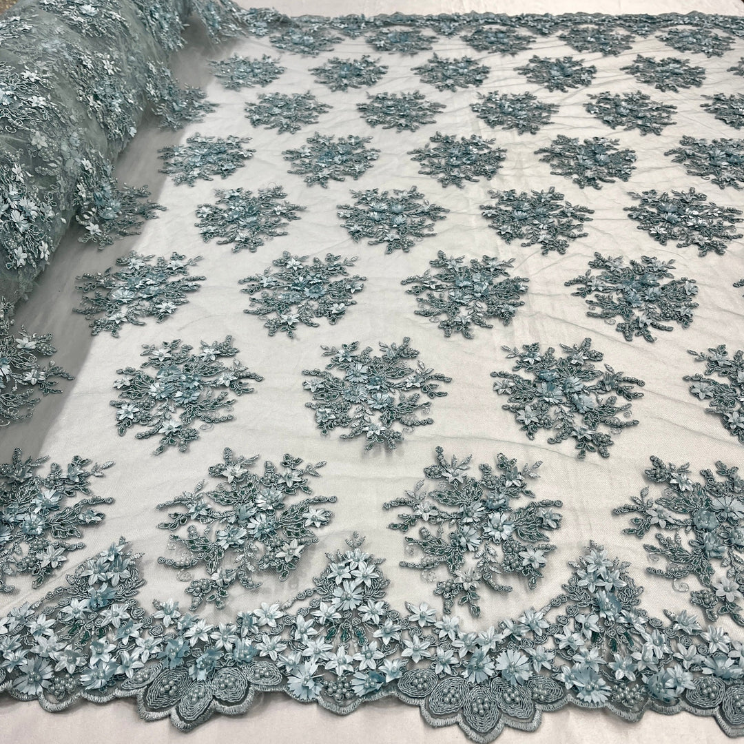 Beaded 3D Floral Lace Fabric Embroidered on 100% Polyester Net Mesh | Lace USA - GD-361