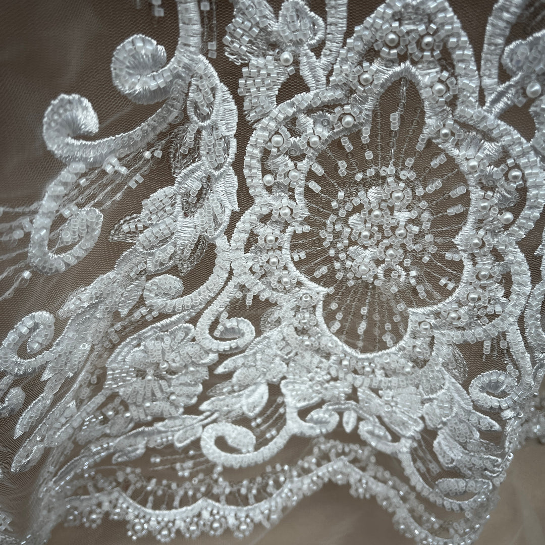 Beaded Lace Fabric Embroidered on 100% Polyester Net Mesh Lace USA - GD-11905