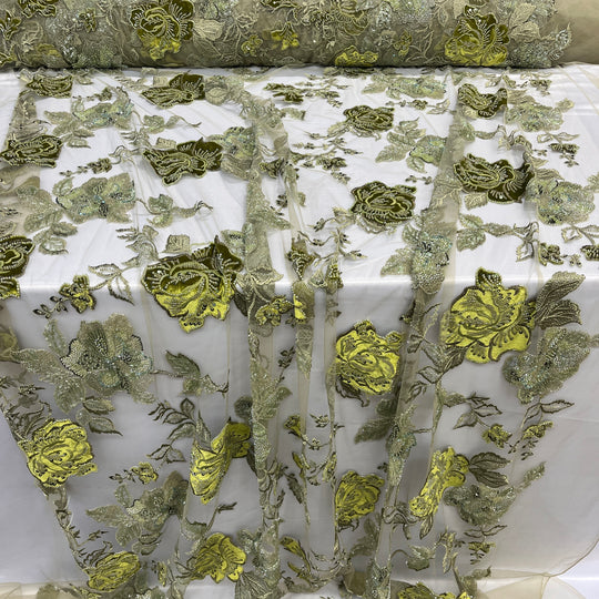 Beaded Lace Fabric Embroidered on 100% Polyester Net Mesh & Velvet | Lace USA - GD-2529