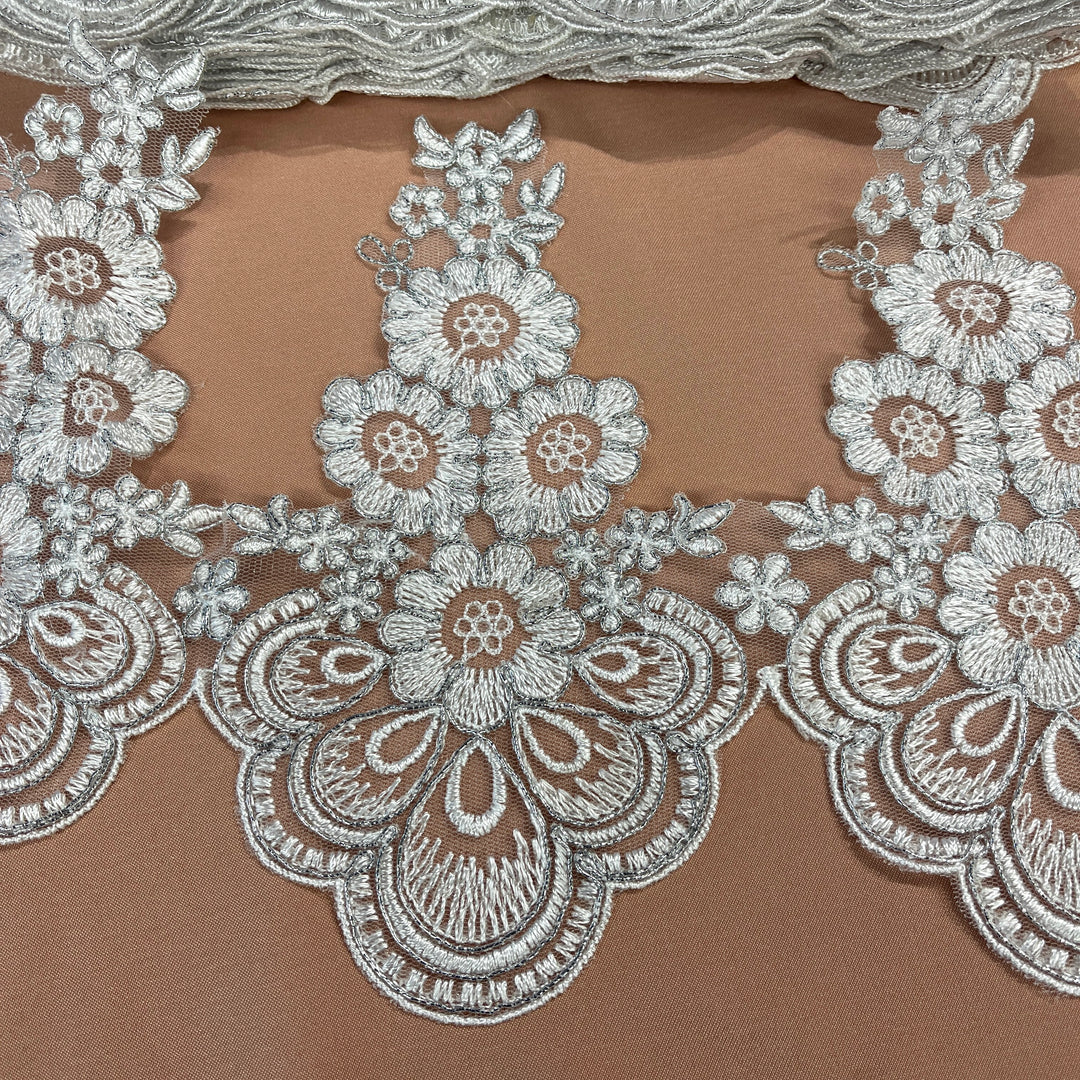 Corded Lace Trimming Embroidered on 100% Polyester Net Mesh | Lace USA - 97015W