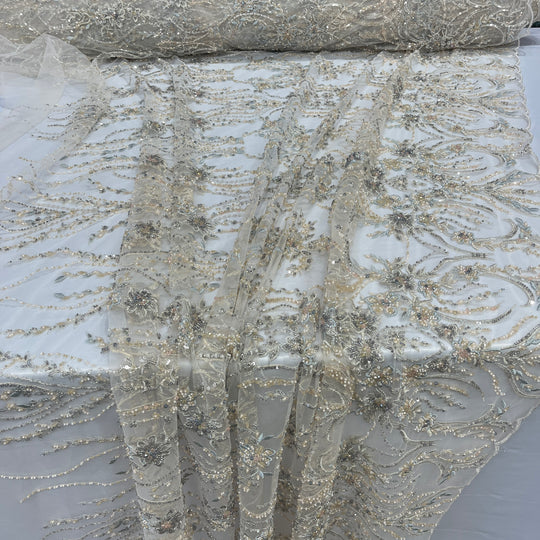 Beaded Lace Fabric Embroidered on 100% Polyester Net Mesh | Lace USA - GD-26227