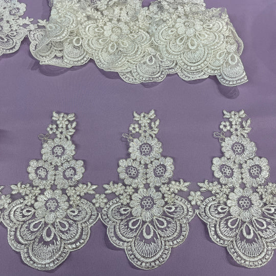 Corded Lace Trimming Embroidered on 100% Polyester Net Mesh | Lace USA - 97015W