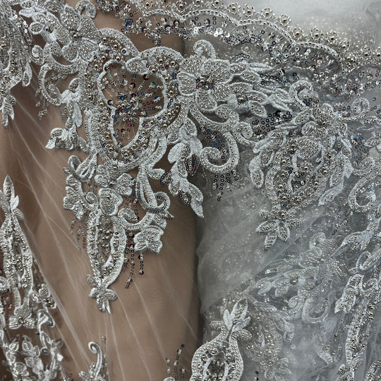 Beaded Lace Fabric Embroidered on 100% Polyester Net Mesh Lace USA - GD-11905
