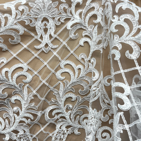 Beaded & Corded Bridal Lace Fabric Embroidered on 100% Polyester Net Mesh | Lace USA - GD-55221