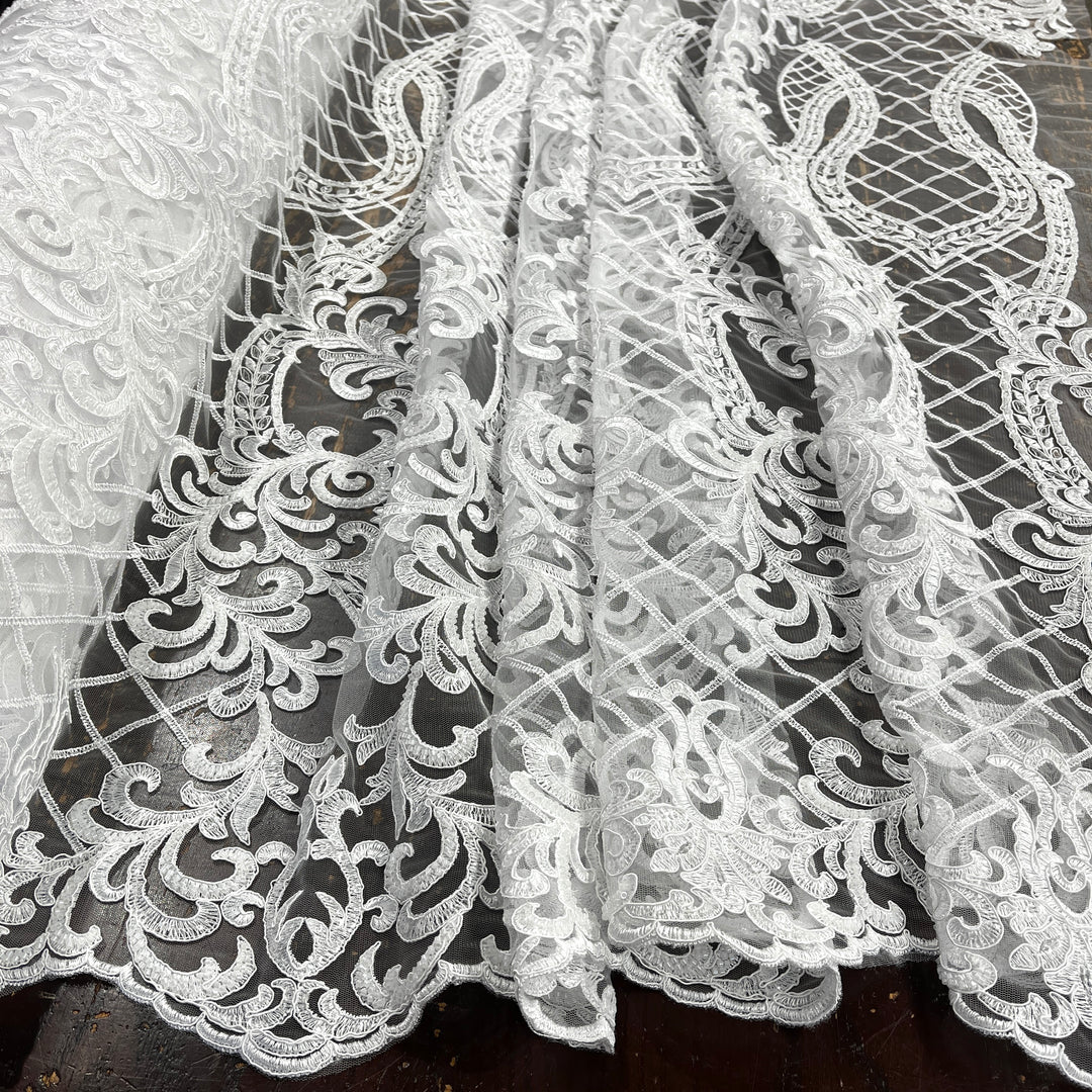 Beaded & Corded Bridal Lace Fabric Embroidered on 100% Polyester Net Mesh | Lace USA - GD-55221