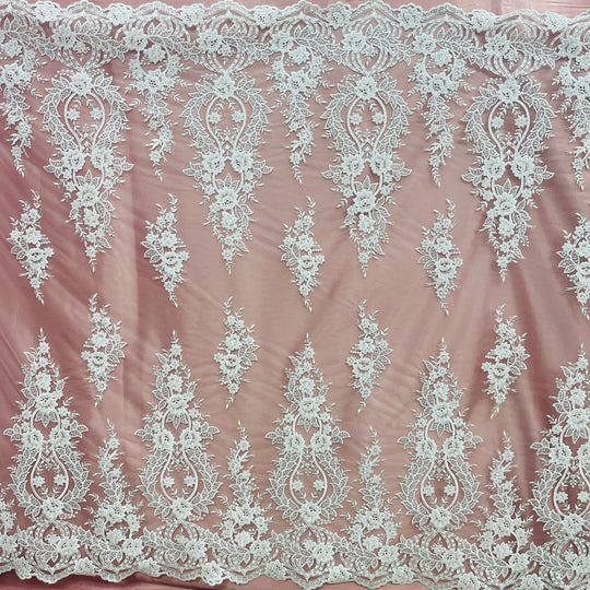 Beaded & Corded Bridal Lace Fabric Embroidered on 100% Polyester Net Mesh | Lace USA - GD-55619