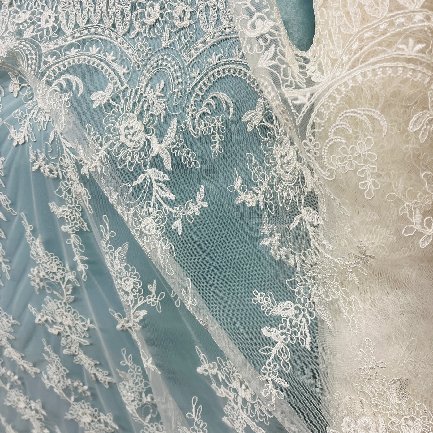 Corded Bridal Lace Fabric Embroidered on 100% Polyester Net Mesh | Lace USA - 96979W