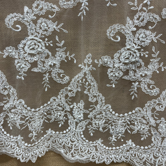 Beaded & Corded Bridal Lace Fabric Embroidered on 100% Polyester Net Mesh | Lace USA - 96806W-BPB