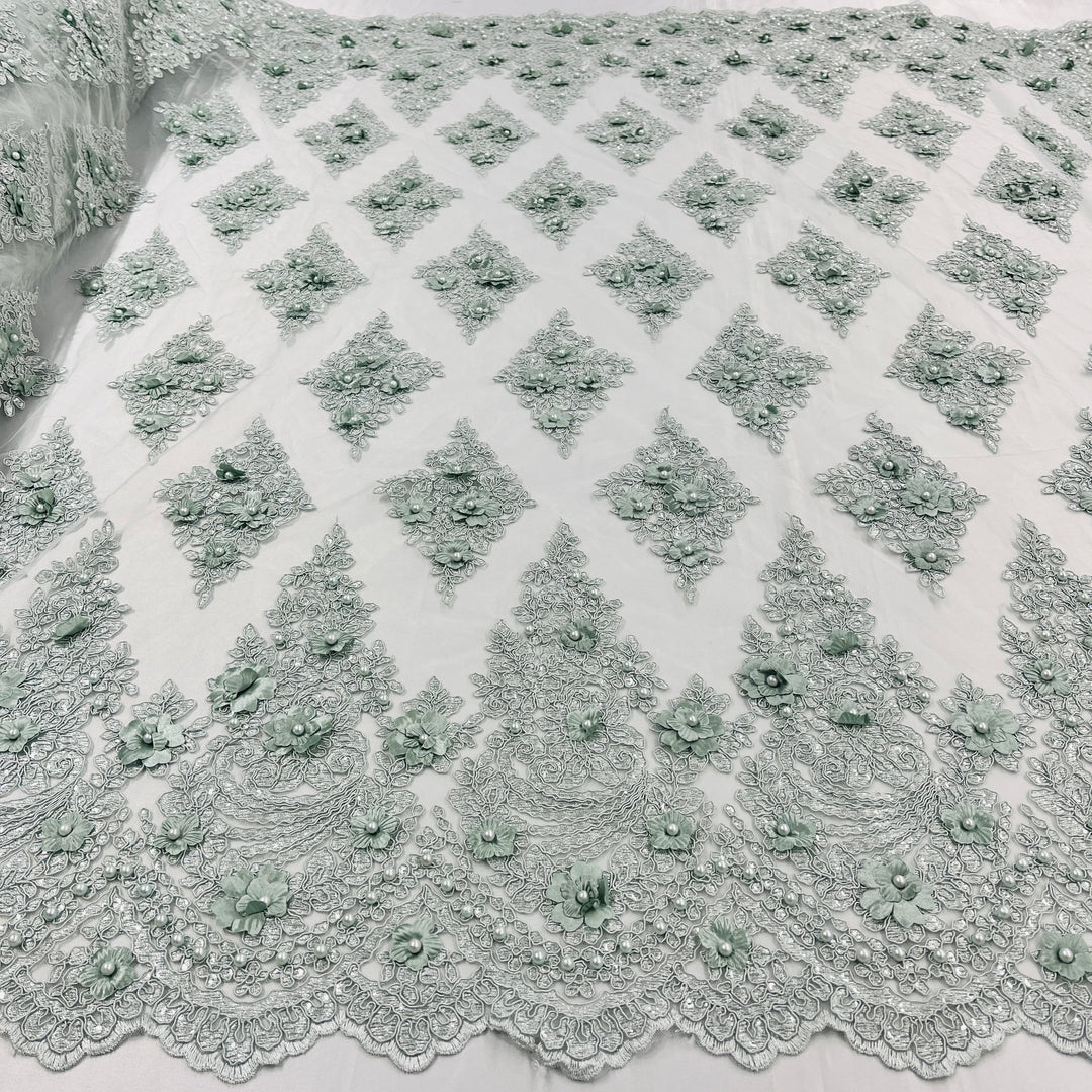 Beaded 3D Floral Lace Fabric Embroidered on 100% Polyester Net Mesh | Lace USA - GD-19211