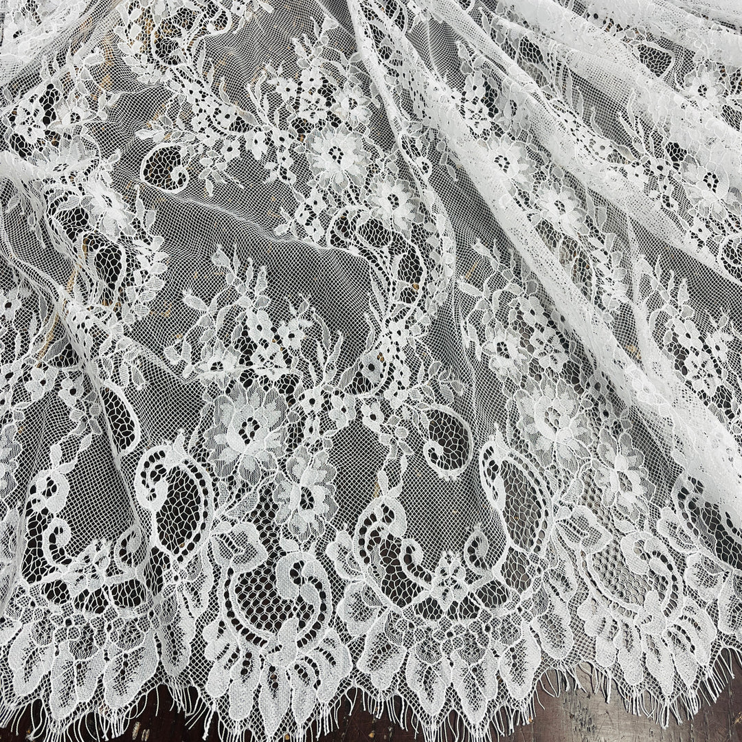 Chantilly Embroidered Lace Fabric with Eyelash Scallop | Lace USA - 68122W