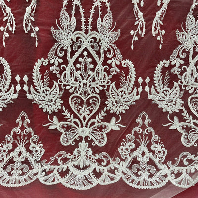 Beaded Lace Fabric Embroidered on 100% Polyester Net Mesh | Lace USA - GD-237189 White