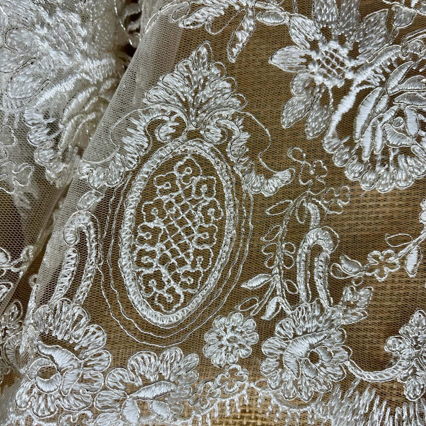 Corded Bridal Lace Fabric Embroidered on 100% Polyester Net Mesh | Lace USA -96788W