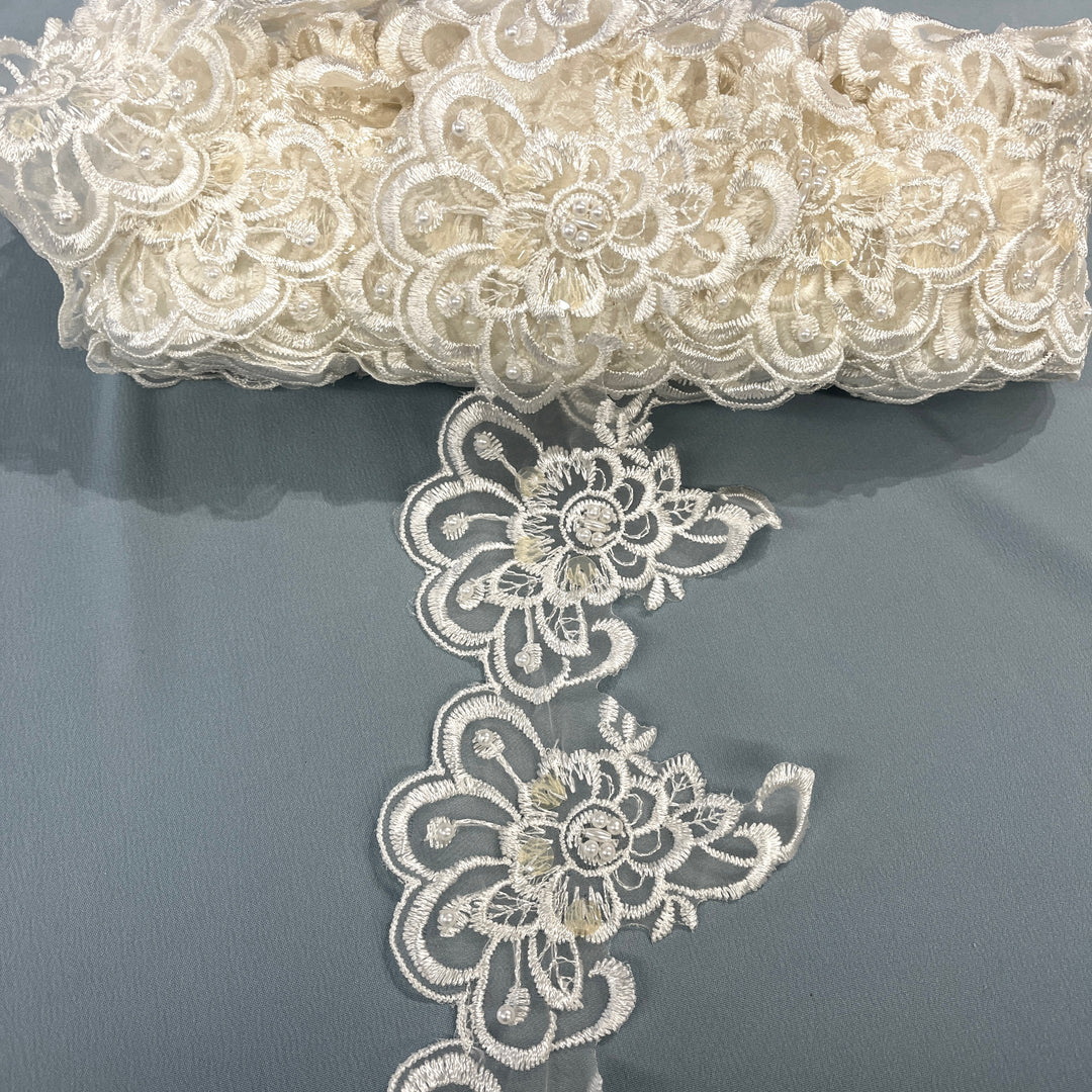 Beaded Lace Trimming Embroidered on 100% Polyester Organza | Lace USA - KZ-50