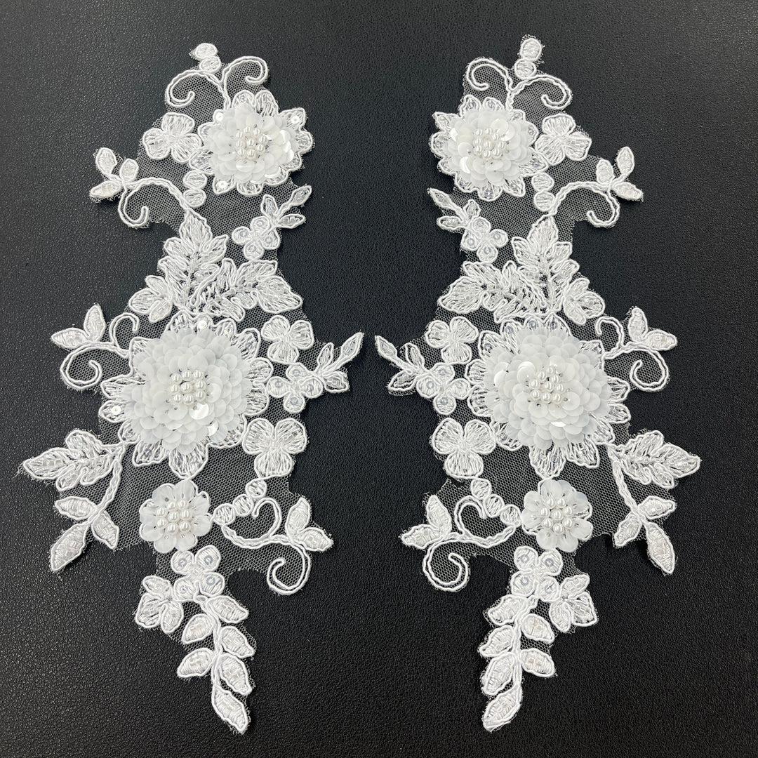 Beaded & Corded Floral Ivory Lace Applique Embroidered on 100% Polyester Organza | Lace USA - 97229W-HB 9" x 4"