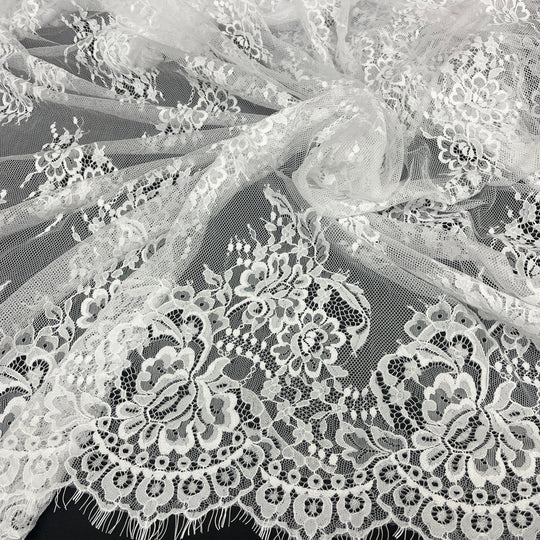 Chantilly Embroidered Lace Fabric with Eyelash Scallop | Lace USA - 68127W