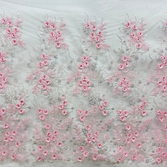 Beaded 3D Floral Lace Fabric Embroidered on 100% Polyester Net Mesh | Lace USA - GD-229