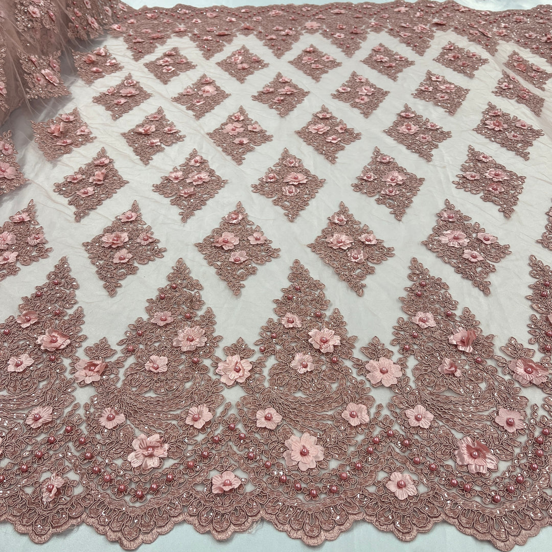 Beaded 3D Floral Lace Fabric Embroidered on 100% Polyester Net Mesh | Lace USA - GD-19211