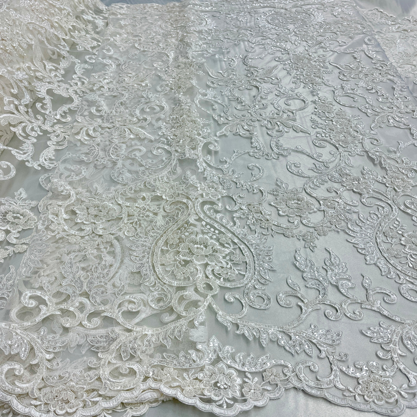 Beaded & Corded Bridal Lace Fabric Embroidered on 100% Polyester Net Mesh | Lace USA - GD-55719