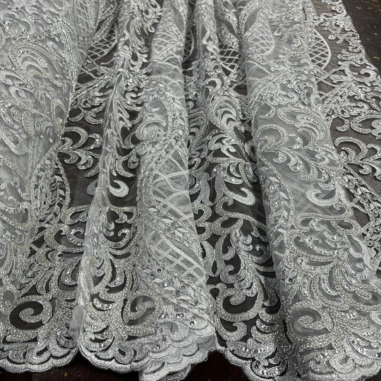 Beaded & Corded Bridal Lace Fabric Embroidered on 100% Polyester Net Mesh | Lace USA - GD-55221