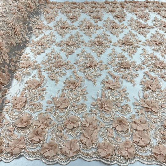 Beaded 3D Floral Lace Fabric Embroidered on 100% Polyester Net Mesh | Lace USA - GD-362