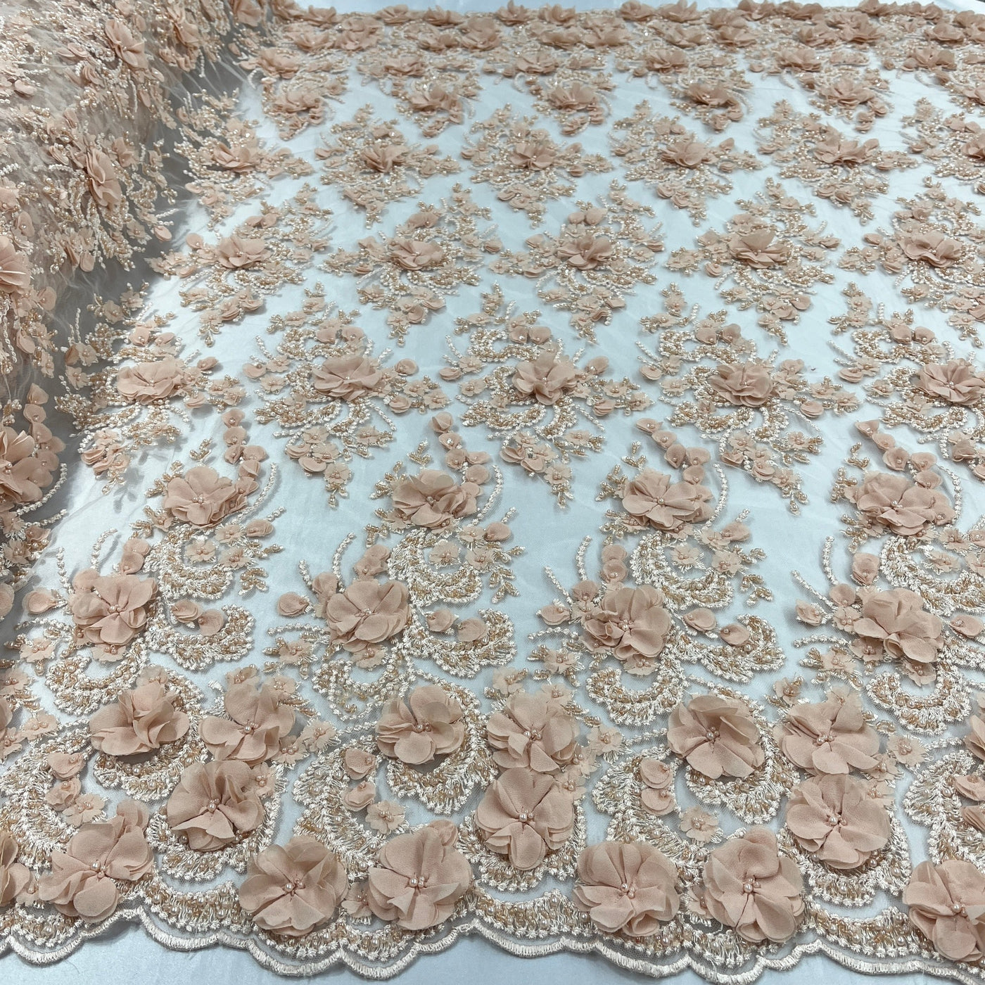 Beaded 3D Floral Lace Fabric Embroidered on 100% Polyester Net Mesh | Lace USA - GD-362