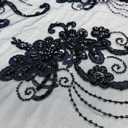 Beaded & Corded Lace Fabric Embroidered on 100% Polyester Net Mesh | Lace USA - GD-1807 Navy