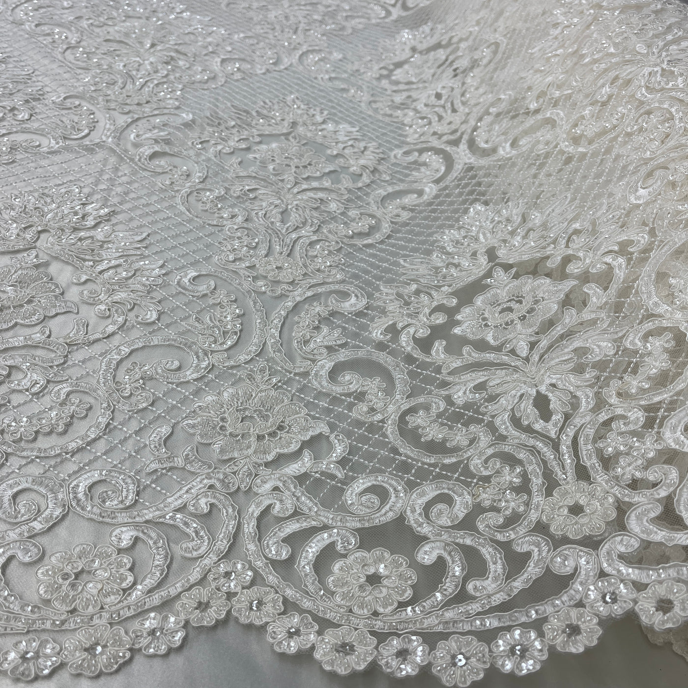 Beaded & Corded Bridal Lace Fabric Embroidered on 100% Polyester Net Mesh | Lace USA - GD-55425