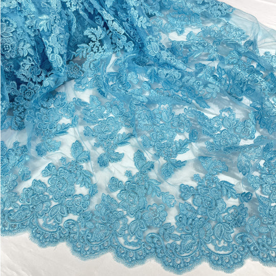 Corded Bridal Lace Fabric Embroidered on 100% Polyester Net Mesh | Lace USA - 95409W