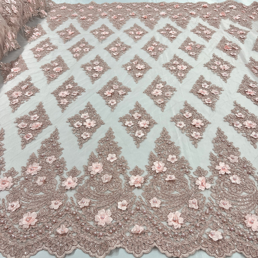 Beaded 3D Floral Lace Fabric Embroidered on 100% Polyester Net Mesh | Lace USA - GD-19211