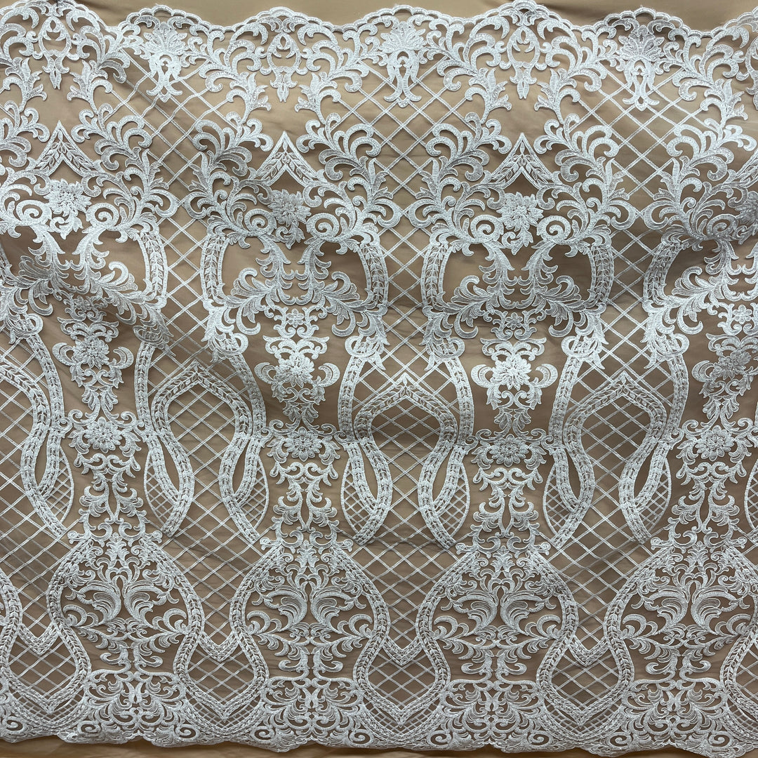 Beaded & Corded Bridal Lace Fabric Embroidered on 100% Polyester Net Mesh | Lace USA - GD-55221