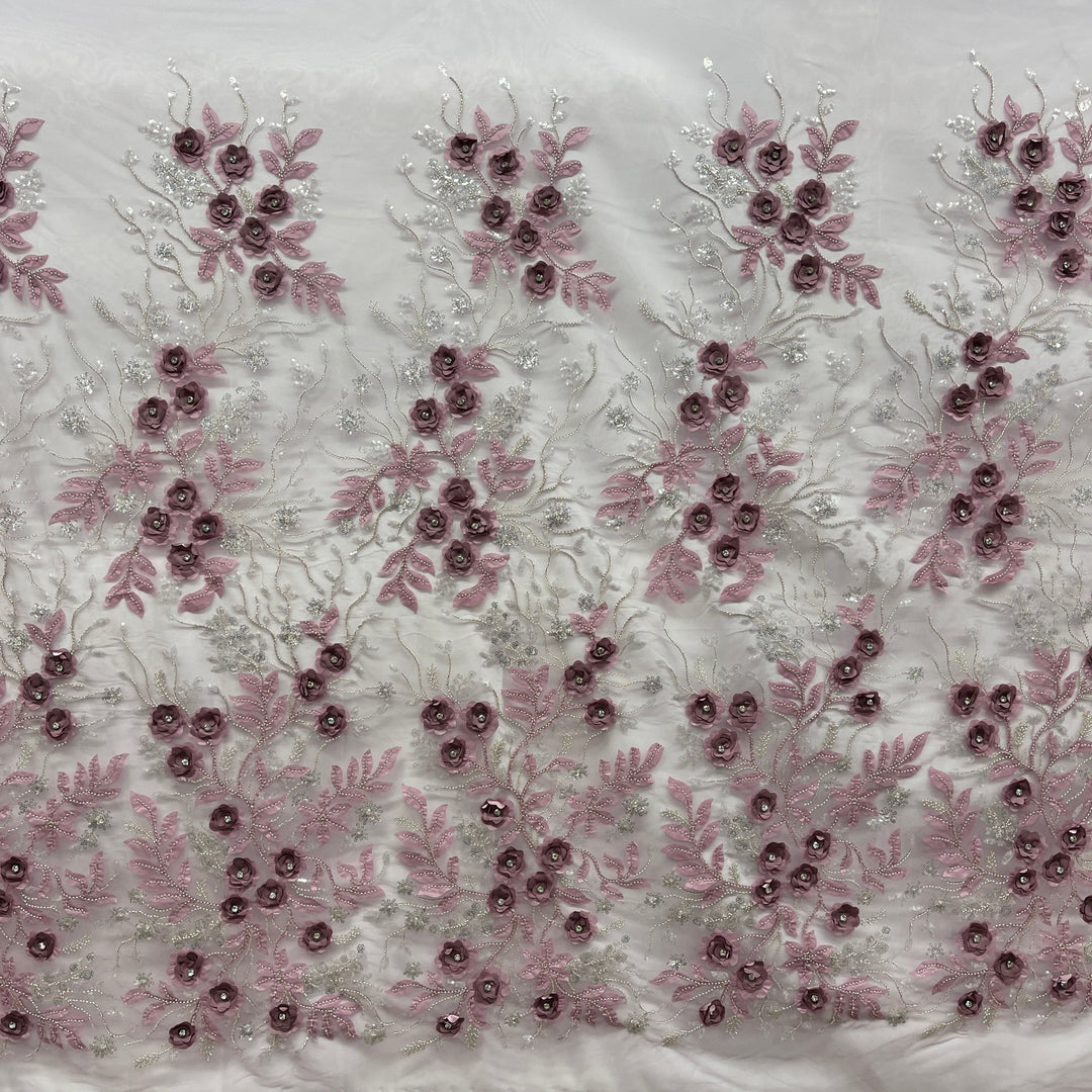 Beaded 3D Floral Lace Fabric Embroidered on 100% Polyester Net Mesh | Lace USA - GD-229