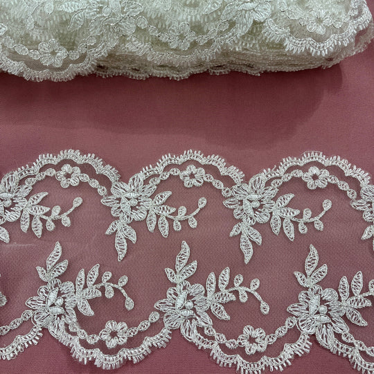 Corded Double Sided Lace Trimming Embroidered on 100% Polyester Net Mesh | Lace USA - 96665W/2