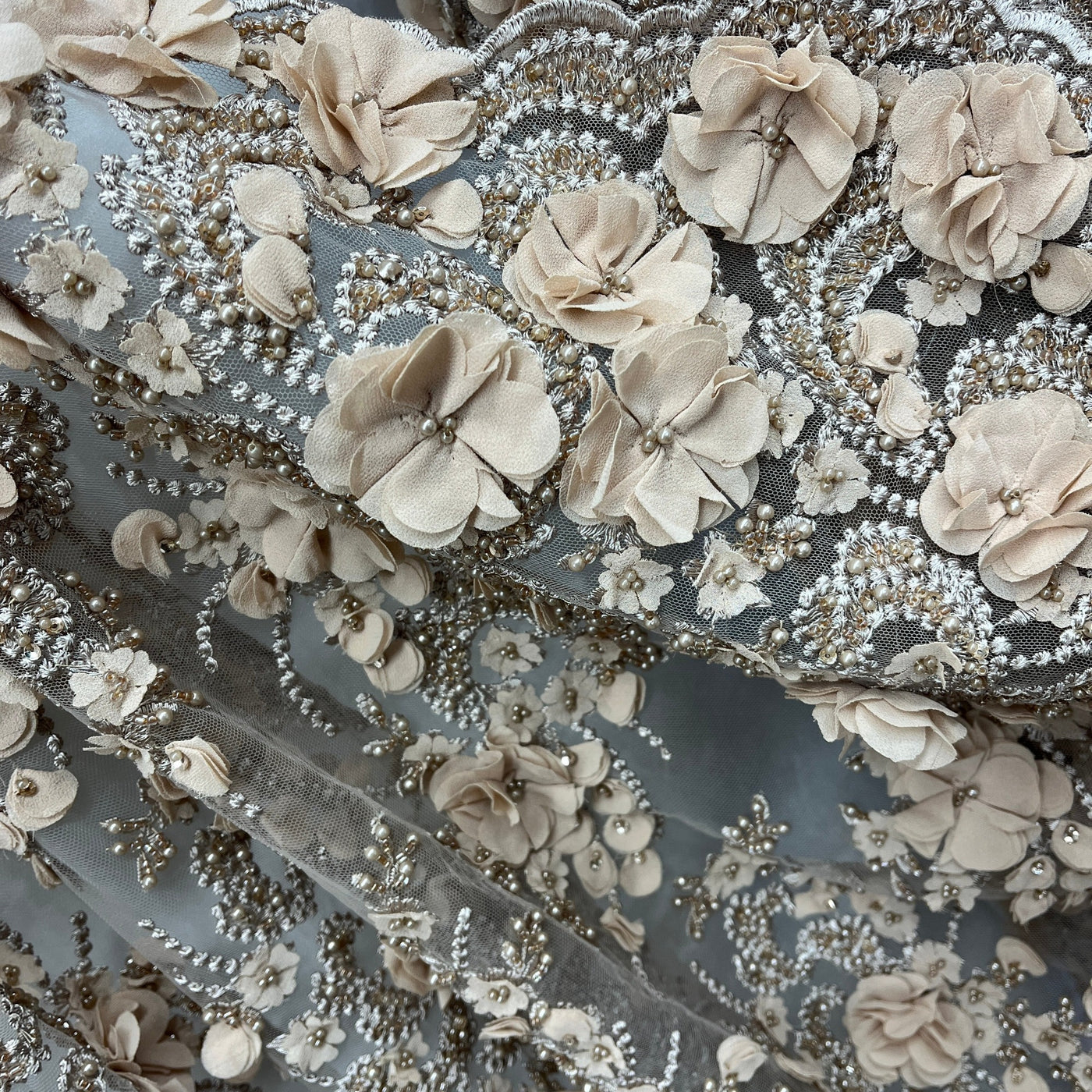 Beaded 3D Floral Lace Fabric Embroidered on 100% Polyester Net Mesh | Lace USA - GD-362